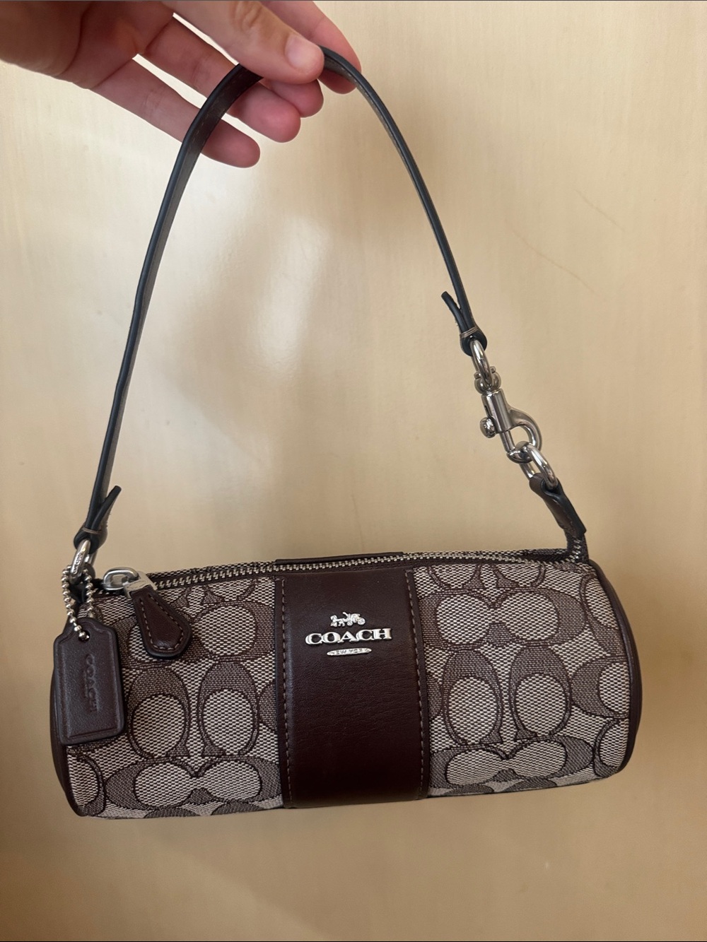 Coach Brown Signature Canvas Mini Barrel Shoulder Bag